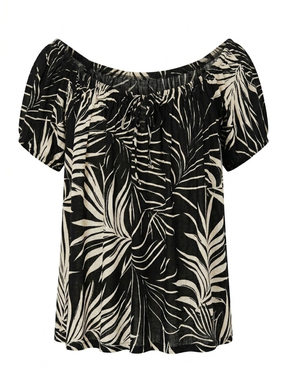 PLUS - Torrid Tropical Palm Knit Gauze Peasant Top - Black/Ivory